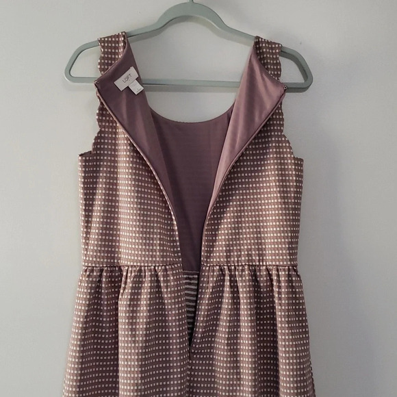 Loft Dress 8 Sleeveless Scalloped Tan White Gingham Plaid Office Career Wedding - Picture 9 of 12